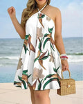 Vestido de Estampa Tropical com Decote Halter, Estilo de Férias Vestido Sem Costas para Primavera & Verão, Roupas Femininas