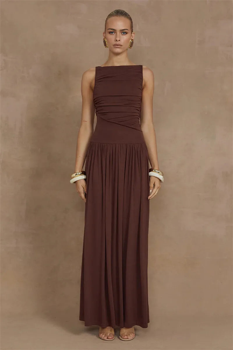 Mozision Elegante Sem Mangas Maxi Vestido Para As Mulheres Moda Sólida Barco Pescoço Tanque Vestidos Senhoras Sexy Ruched Vestido Longo Novo Vestido