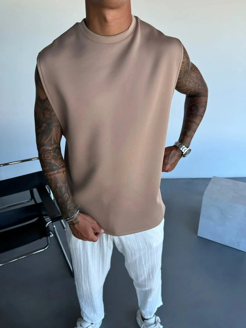 2025 Verão novo masculino moda esportiva calças casuais colete conjunto solto sem mangas T-shirt conjunto de cor sólida