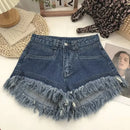 Shorts jeans com franjas avermelhadas rosa verão feminino novo nicho emagrecimento cintura alta picante menina linha A calças de calor de perna larga