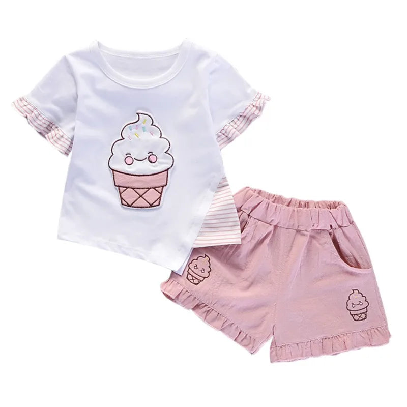 2 Pcs Criança Bebê Crianças Meninas Conjunto de Roupas de Manga Curta T-shirt Tops + Shorts Outfit Crianças Algodão Tops Calças Set