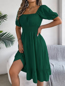 Mulheres Vestidos Pequenos 2024 Verão Casual Decote Quadrado Manga Curta Cintura Vestido de Borda com Babado Mulheres Elegante