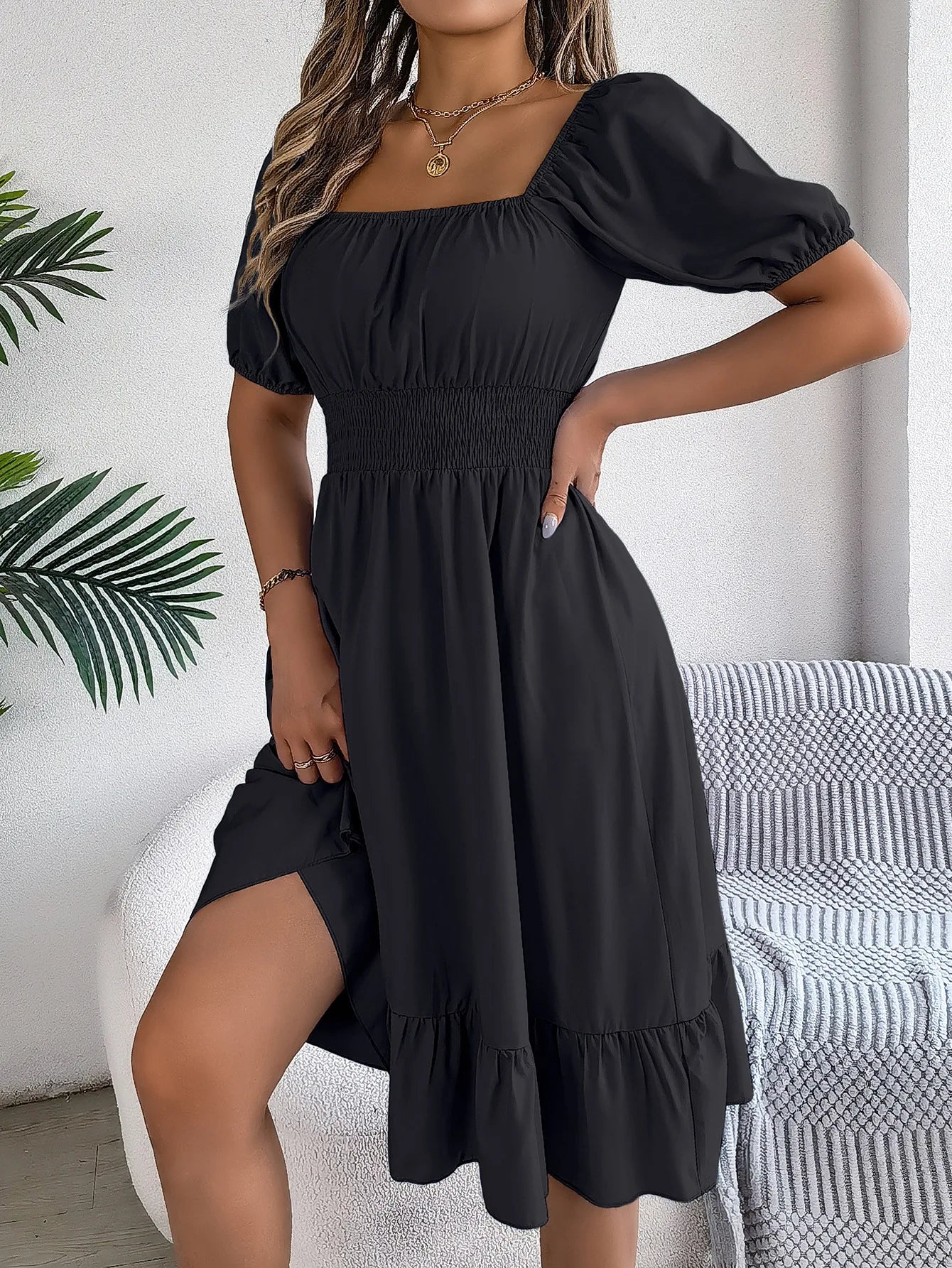 Mulheres Vestidos Pequenos 2024 Verão Casual Decote Quadrado Manga Curta Cintura Vestido de Borda com Babado Mulheres Elegante