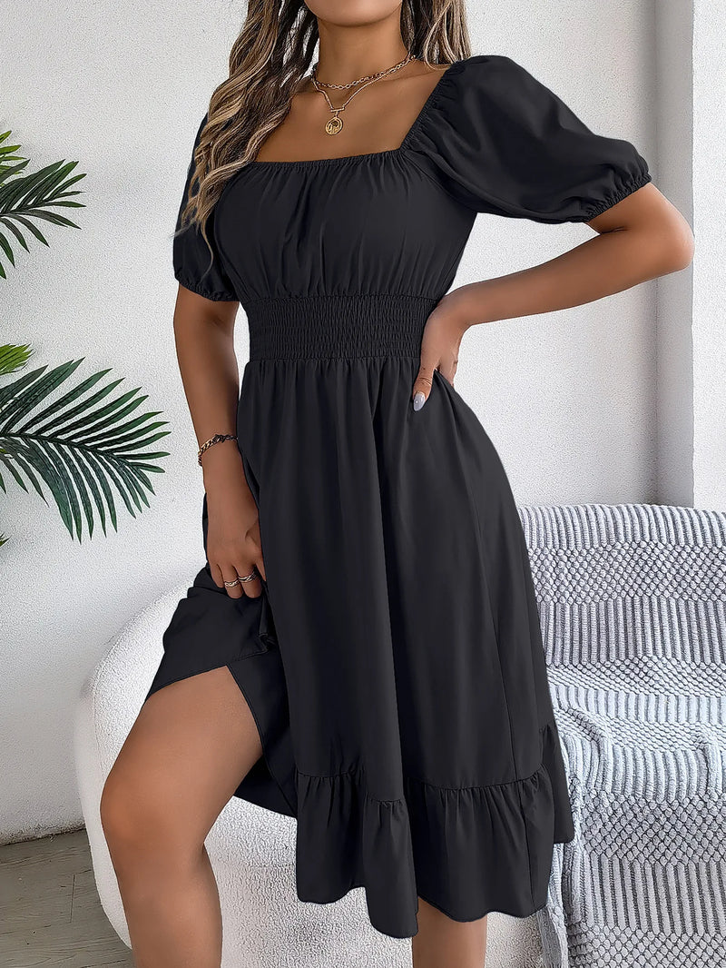 Mulheres Vestidos Pequenos 2024 Verão Casual Decote Quadrado Manga Curta Cintura Vestido de Borda com Babado Mulheres Elegante