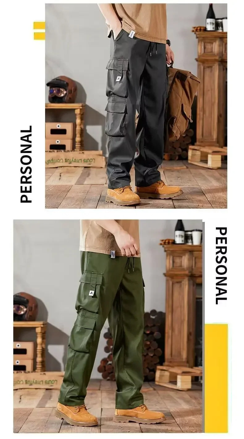 2024 Novas Calças Cargo Masculinas Soltas de Perna Reta Multi-Bolso Calças de Trabalho Vintage Calças Casuais Versáteis Modernas Primavera Outono