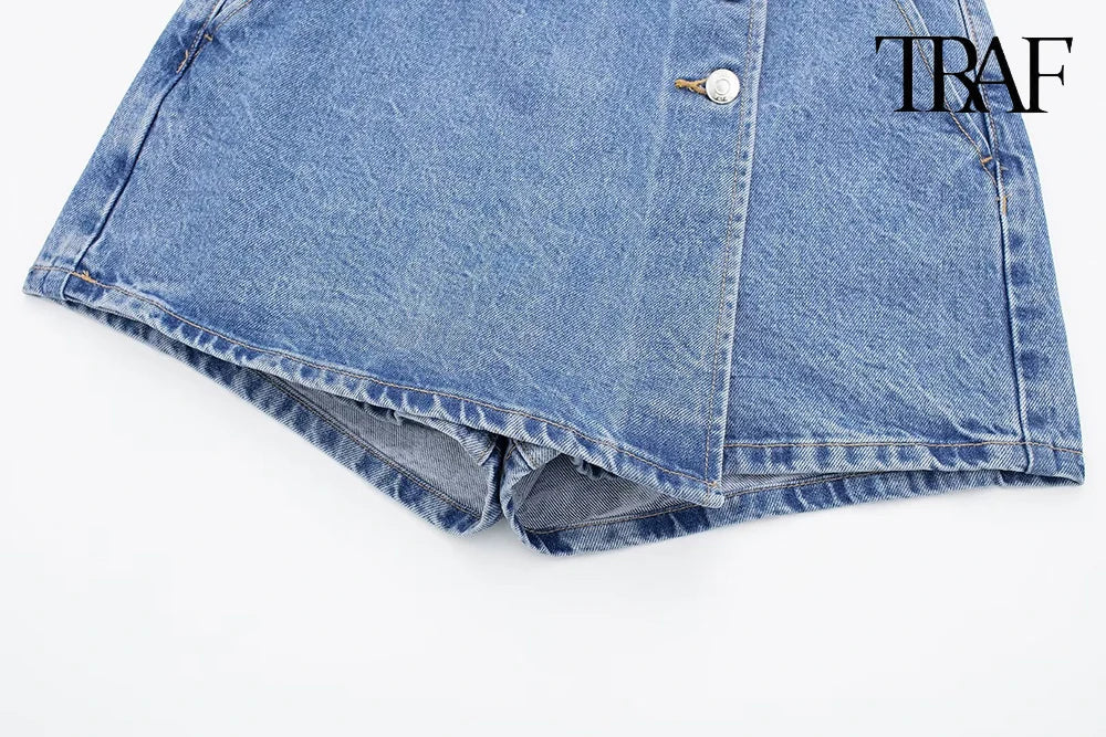 TRAF Verão Feminino Novo Jeans Moda Street Wash Jeans Botão Frontal Mini Saia Sexy Slim Blue Jeans Saia Centenas de Calças