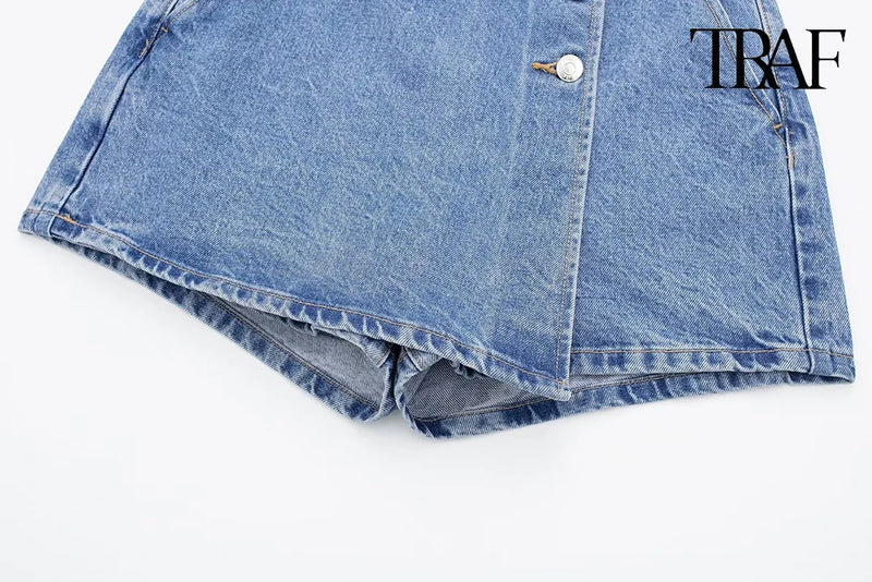 TRAF Verão Feminino Novo Jeans Moda Street Wash Jeans Botão Frontal Mini Saia Sexy Slim Blue Jeans Saia Centenas de Calças