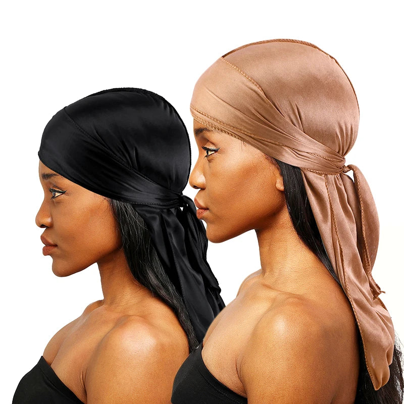 2 pcs Durags de cetim de seda para homens Designer Long Tail Beanies Doo Rags Caps Du-rags para mulheres Gravata de cetim de seda Do Rags Cap para ondas