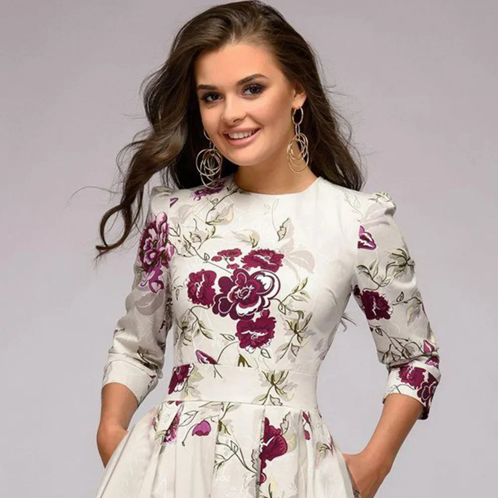 Novo estilo europeu de roupas femininas sete-oitavo manga impresso A linha de babados vestido em estoque várias cores opções de tamanho