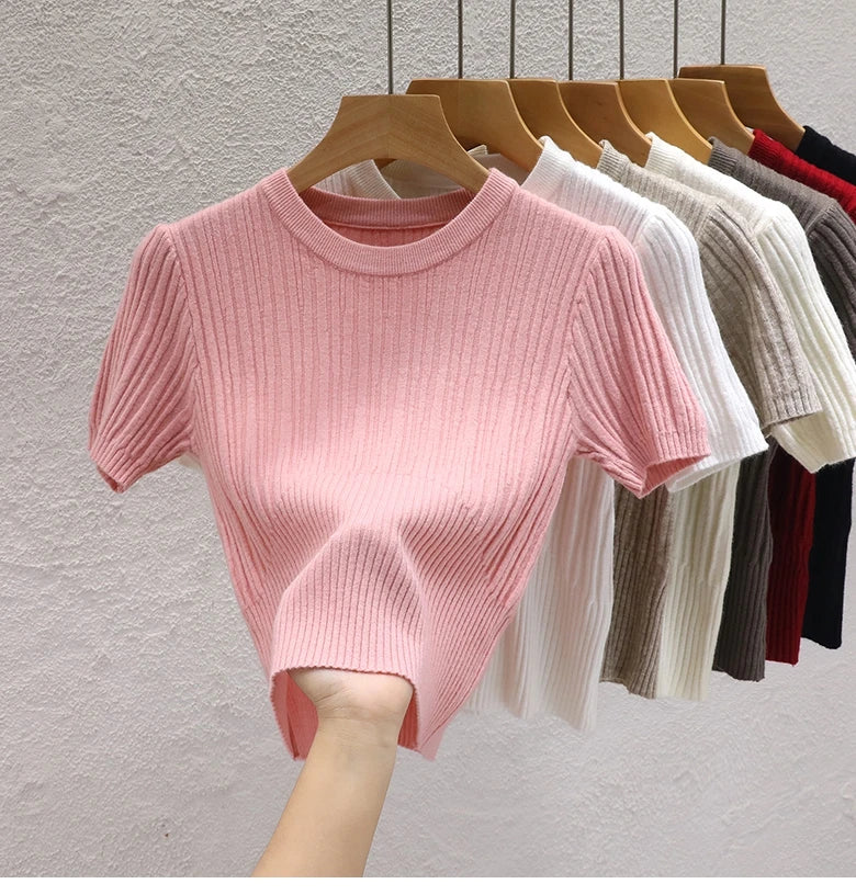 Camisetas de verão para mulheres Casual Feminino Coreano Malha Streetwear Tees Básico Sólido Jovem Cool Tops