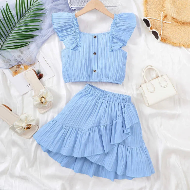 Conjunto de roupas de princesa de verão para meninas infantis Flutter Sleeve Plain Color Tops + Short Skirt Sweet Style Party Wear Para Criança 8-12 Anos