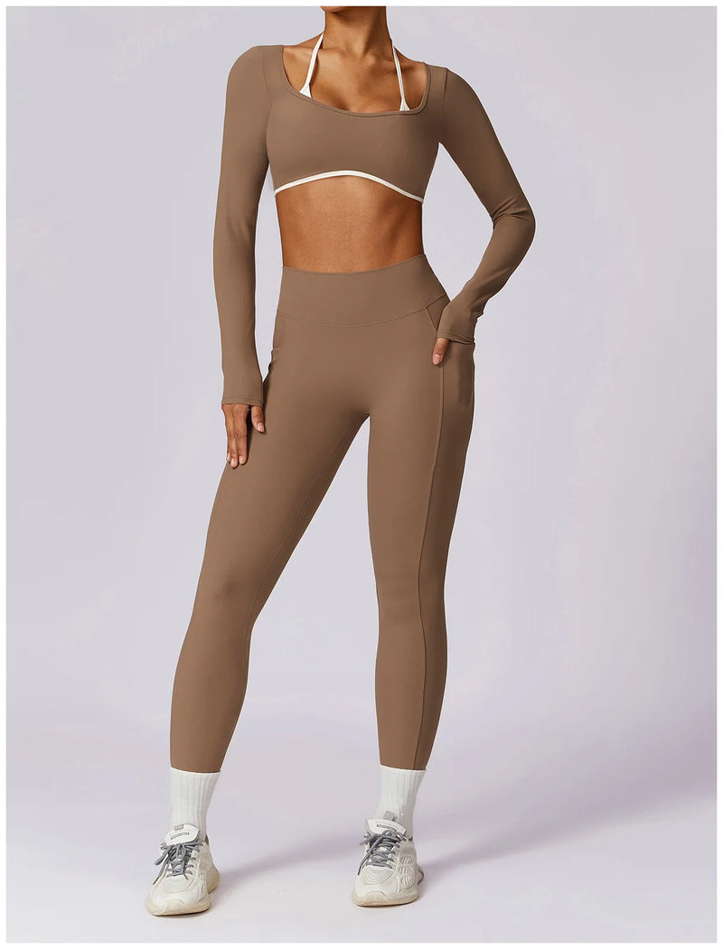 2 Peças Mulheres Treino Conjunto de Ioga Treino Sportswear Roupas de Ginástica Fitness Manga Comprida Crop Top Leggings de Cintura Alta Ternos Esportivos