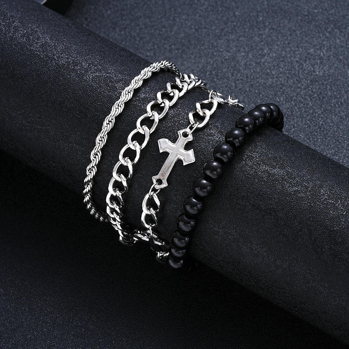 Conjunto de 4 Pcs Pulseira de Aço Inoxidável Para Homens Mulheres Punk Moda Cross Beads Pulseiras de Corrente Simples Hip Hop Unissex Jóias Presente Novo