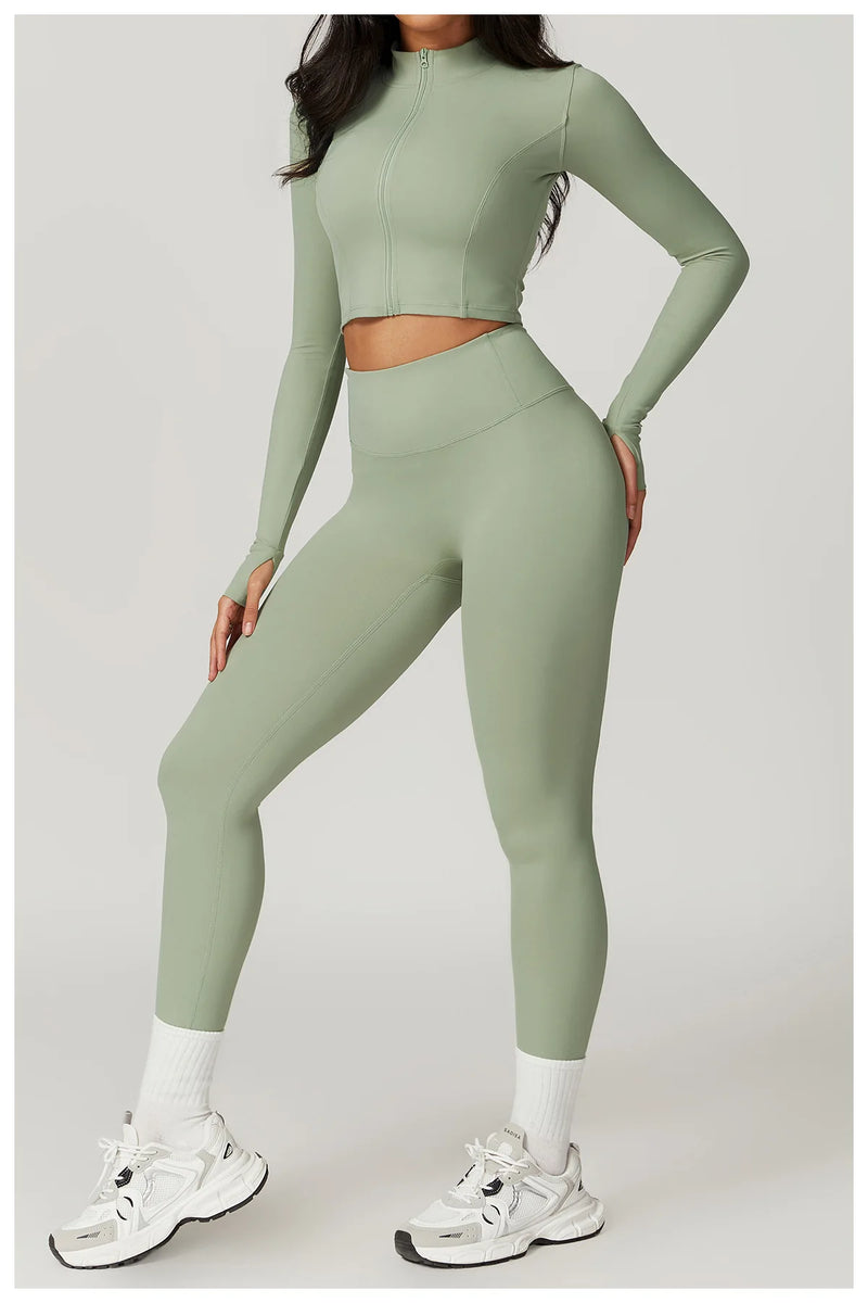 3 PCS Conjunto de Yoga Conjuntos de Treino Feminino Sportswear Roupas de Ginástica Fitness zíper Manga Comprida Cintura Alta Leggings Ternos Esportivos Terno de Ioga