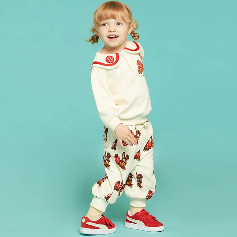 Conjunto de roupas infantis 2025 Nova Primavera Outono Meninos Meninas Cartoon Impresso Com Capuz Conjunto de Calças Casuais Crianças Roupas Casuais Sólidas