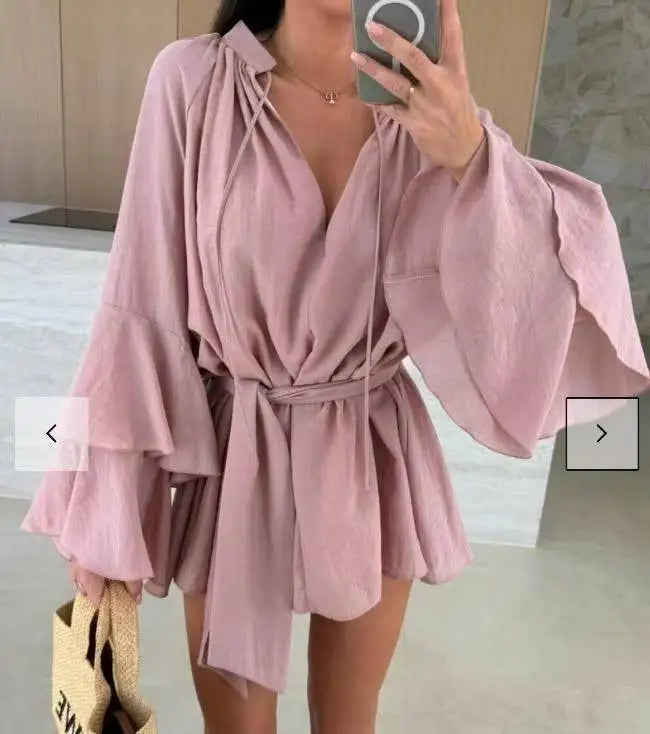 Elegante Plissado Vestido Curto Mulheres Solto Lace Up Manga Longa Flare V Neck Vestidos Feminino 2025 Primavera Oco Out Praia Robe Senhora