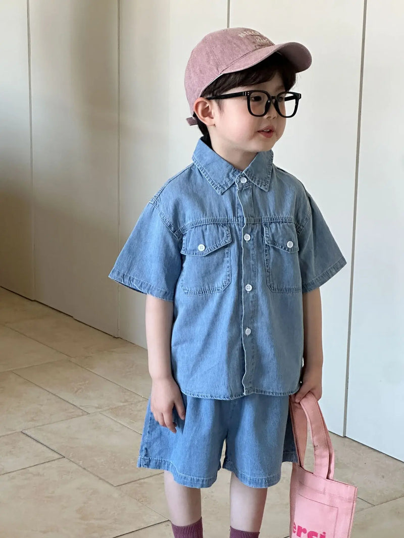 Roupas infantis 2025 verão novo terno jeans para menino ou vestido de menina casual roupas para irmão e irmã