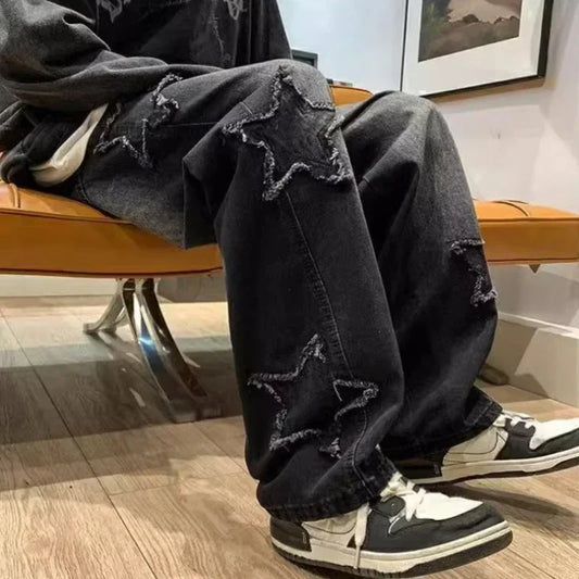Estrelas Patchwork Homens Jeans Nova Moda Y2K Tassel Pants Coréia Roupas Em Linha Reta Hip Hop Emenda Calças Masculinas Streetwear