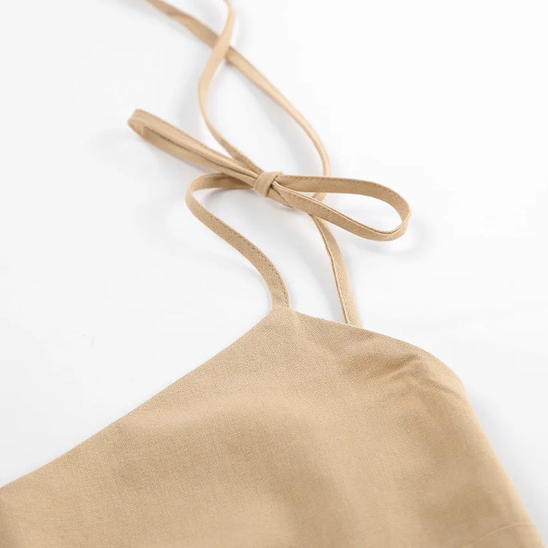 Vestido de cintura alta com suspensório respirável de algodão e linho Verão europeu e americano Novo estilo de férias saia longa para mulheres