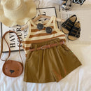 Conjunto Elegante e Casual para Meninas Líder Urso 2023 Verão Fino Listra Infantil Suspender Regata Shorts Conjunto de Duas Peças Roupas