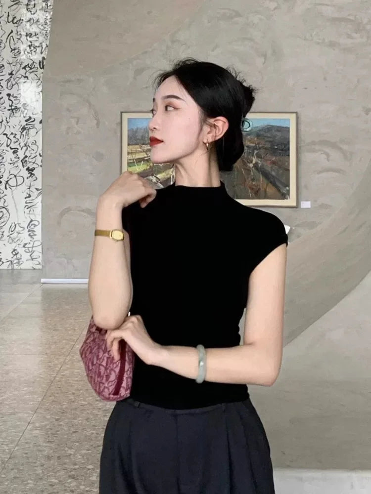 100% Tencel gola alta Francês manga curta feminina 2025 nova pequena mosca manga T-shirt slim fit e emagrecimento, internet famosa base