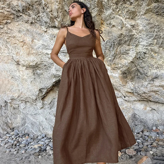 Vestido de cintura alta com suspensório respirável de algodão e linho Verão europeu e americano Novo estilo de férias saia longa para mulheres