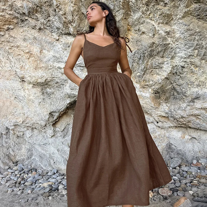 Vestido de cintura alta com suspensório respirável de algodão e linho Verão europeu e americano Novo estilo de férias saia longa para mulheres