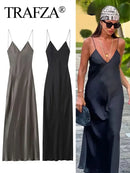 TRAFZA 2024 Mulheres Vestido de Verão Cetim Sem Mangas Sem Encosto Decote Em V Feminino Vestidos Longos Chic Sexy Party Vintage Mulher Vestido de Noite
