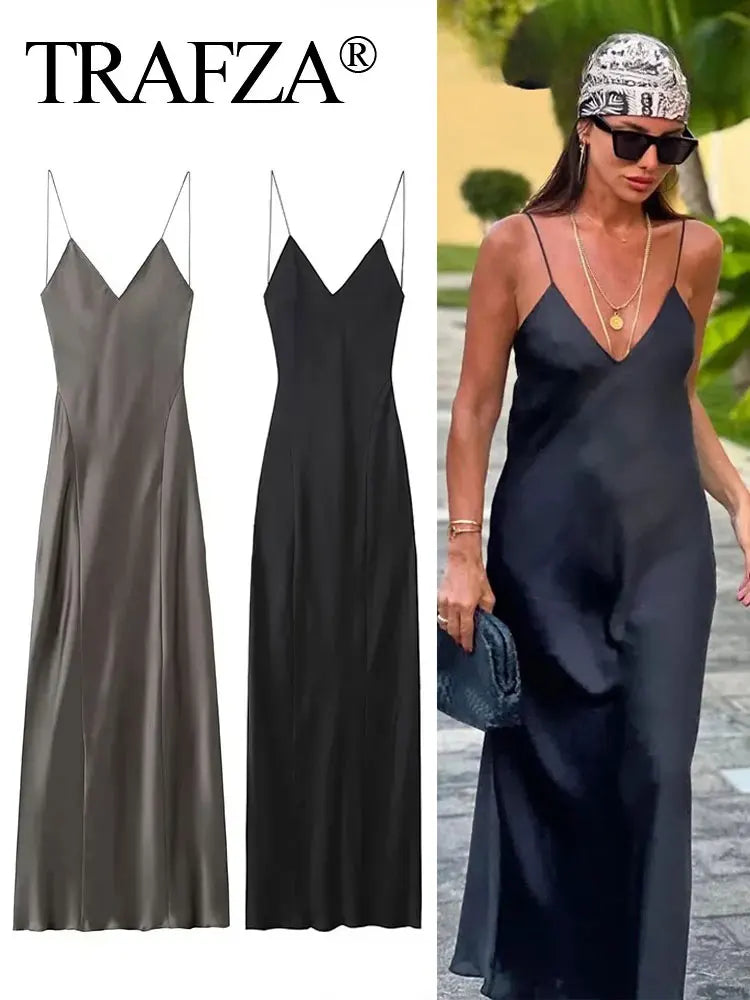 TRAFZA 2024 Mulheres Vestido de Verão Cetim Sem Mangas Sem Encosto Decote Em V Feminino Vestidos Longos Chic Sexy Party Vintage Mulher Vestido de Noite