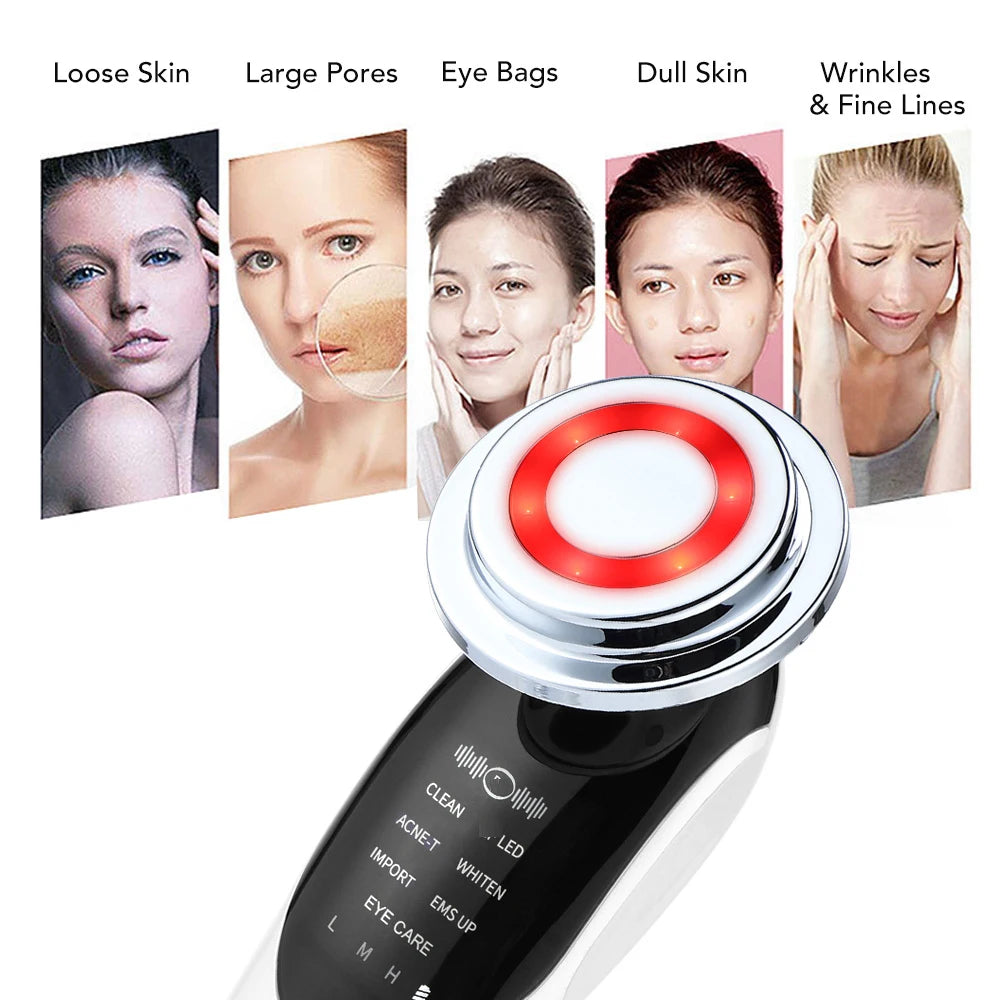 Massageador Facial RF EMS 7 em 1 Ferramentas de Cuidados