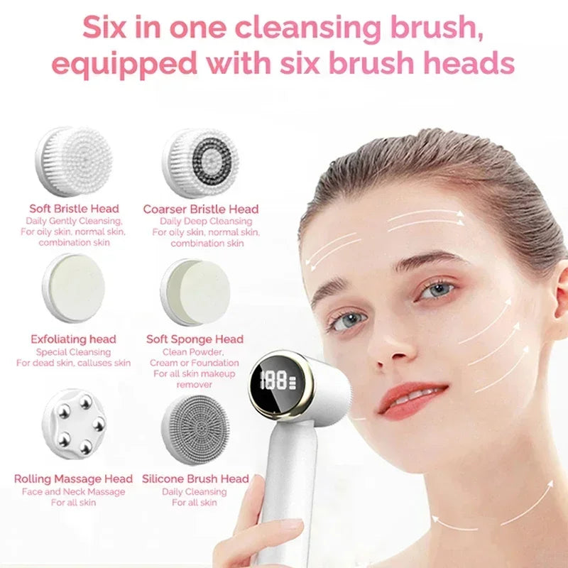 Dispositivo de Limpeza Facial Elétrico LED 6 em 1, Escova de Lavagem Facial, Escova de Limpeza Facial, Mini Hifu, Cuidados com a Pele, Carregador USB