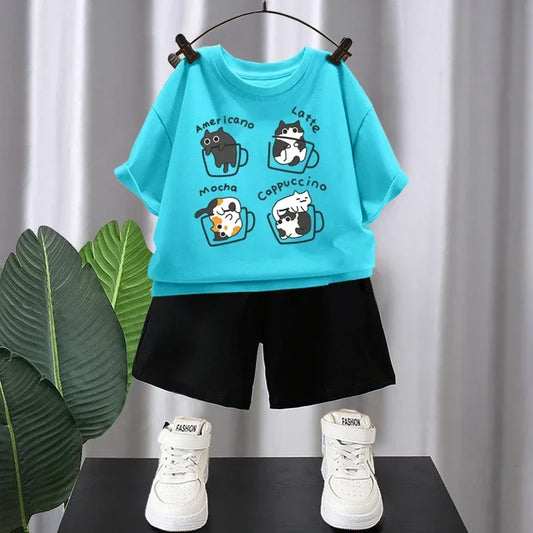Verão Meninos Algodão T-shirts 5-12T Café Gatos Impresso Tops Cool Kids Tees Manga Curta Crianças Tops de Alta Qualidade Roupas Infantis