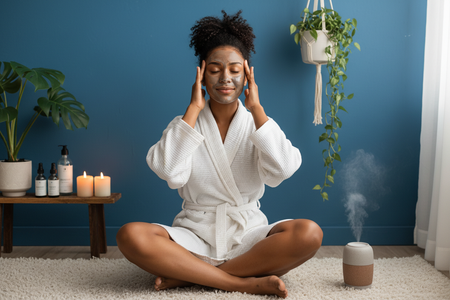 Rotina de autocuidado, utiliza uma mulher negra como referencia e o fundo azul